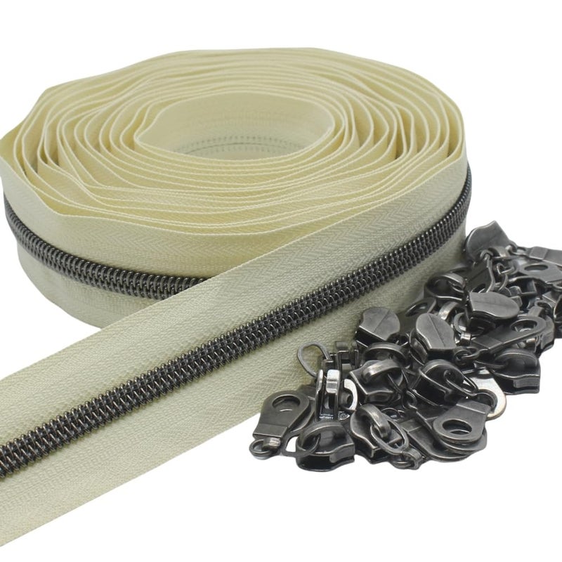 YaHoGa #5 Gunmetal Metallic Nylon Coil Zippers by The Yard Bulk Beige Tape 10 Yards with 25pcs Pulls for DIY Sewing Tailor Craft Bag (Beige) - Image 3